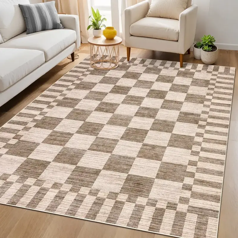 Garveehome Bordered Checkered Geometric Beige Rug — view 3