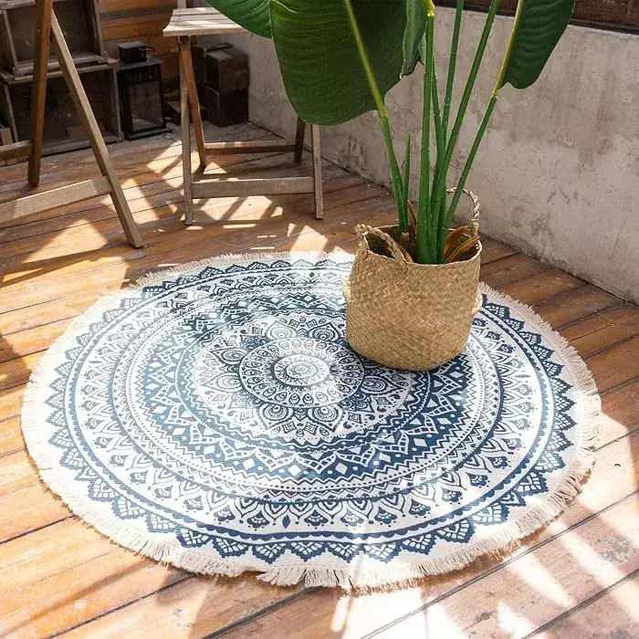 Jinchan Mandala Round Blue Boho Rug — view 2