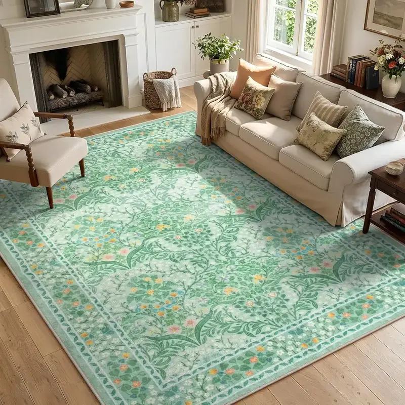 Lunasun Sage Green Boho Floral Rug — view 2