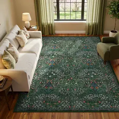 Lunasun Dark Green Boho Floral Rug — view 2