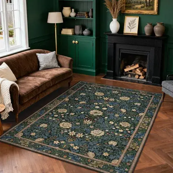 Lunasun Dark Green Boho Floral Rug — view 3