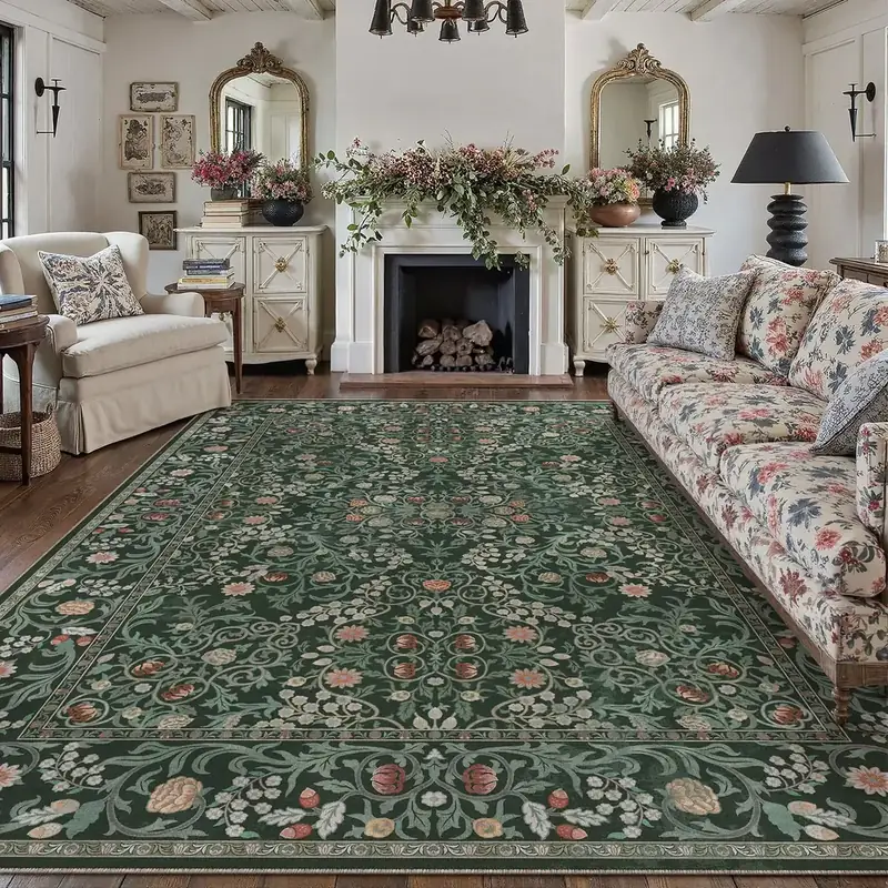 Lunasun Farmhouse Dark Green Floral Rug — view 2