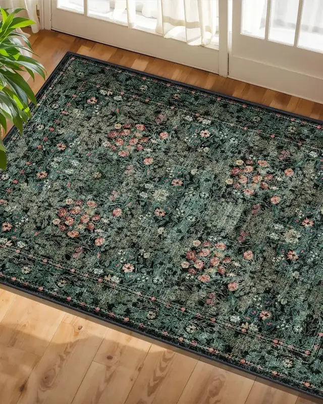 Lunasun Farmhouse Dark Green Floral Rug — view 4