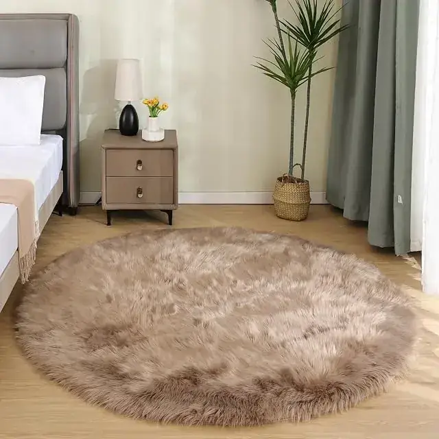 Olanly Ivory Round Fluffy Shaggy Rug