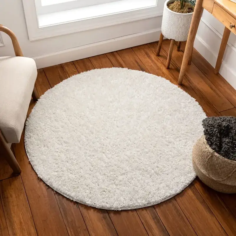 Olanly Ivory Round Fluffy Shaggy Rug — view 2