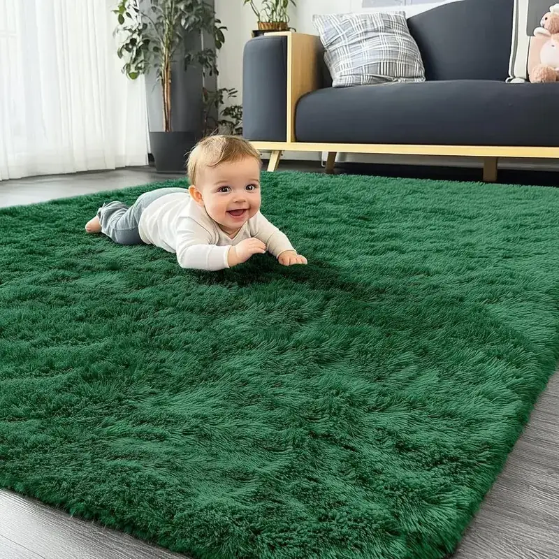 Olanly Shaggy Dark Green Rug — view 2