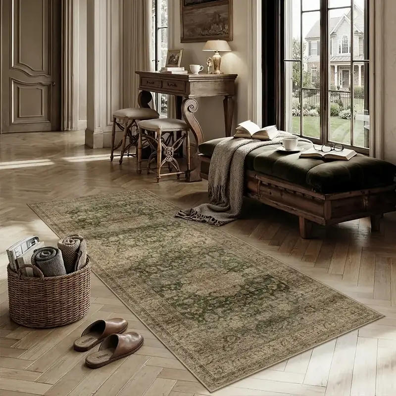 Wondrg Vintage Green Brown Distressed Rug