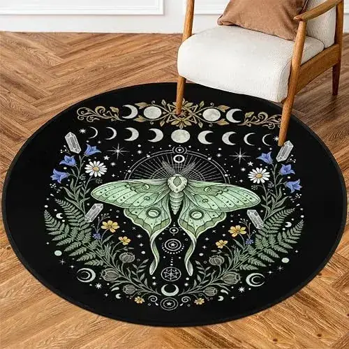 Ouyattle Luna Moth Floral Black Rug