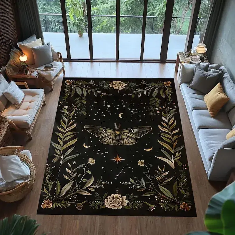 Ouyattle Luna Moth Floral Black Rug — view 2