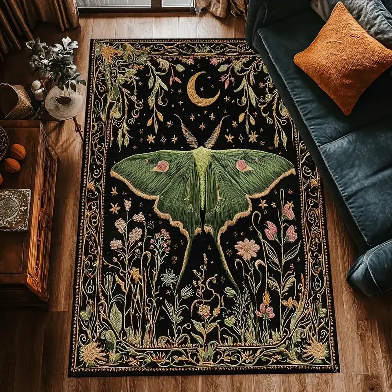 Ouyattle Luna Moth Floral Black Rug — view 3
