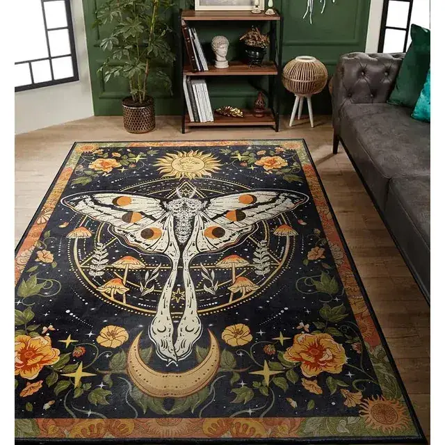 Ouyattle Luna Moth Floral Black Rug — view 4
