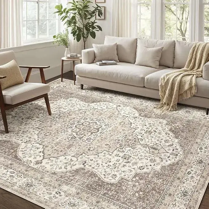 Garveehome Floral Bordered Light Camel Rug
