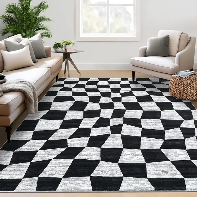 Garveehome Bordered Checkered Geometric Beige Rug