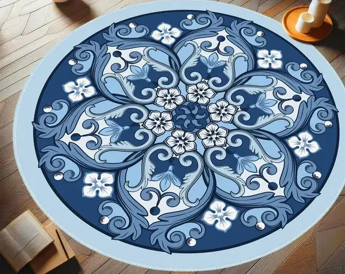 Jinchan Mandala Round Blue Boho Rug