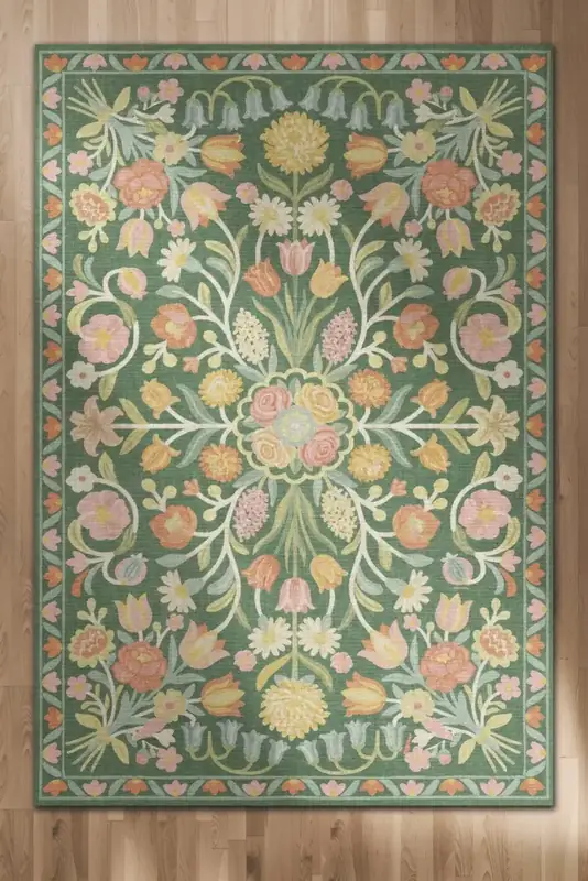 Lunasun Green Boho Floral Rug — view 3