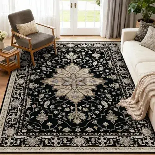 Hugear Floral Black Beige 5×7 Rug