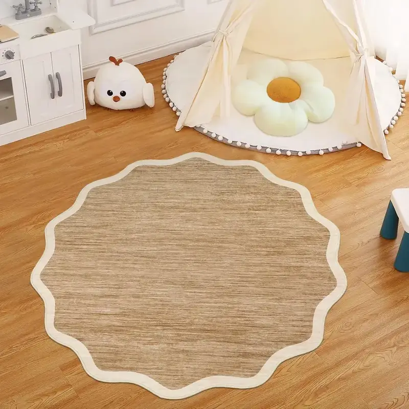 Garveehome Round Solid Brown Scalloped Rug