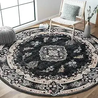 Ouyattle Round Floral Black Rug
