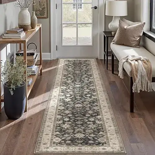 Hugear Floral Black Beige 2×8 Rug — view 2