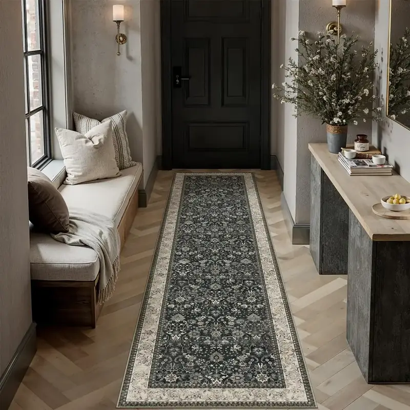 Hugear Floral Black Beige 2×8 Rug — view 3